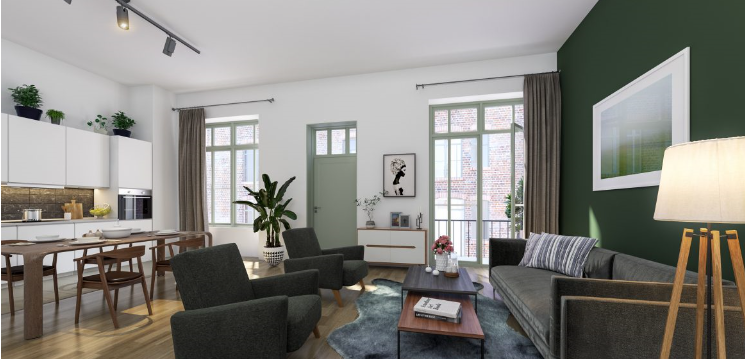 Ce projet immobilier loi Malraux à Lille dispose d'un grand salon meublé et lumineux