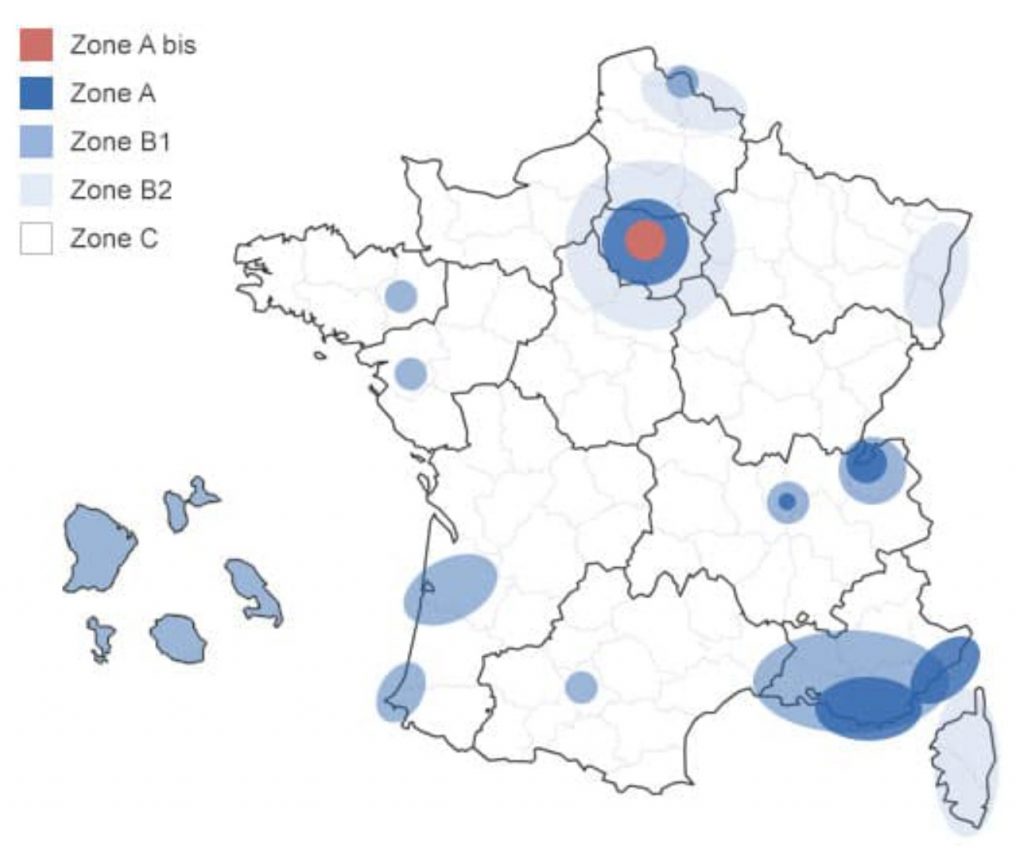 carte du zonage de la loi Pinel en France pour investir dans un programme immmobilier neuf à Lyon 8